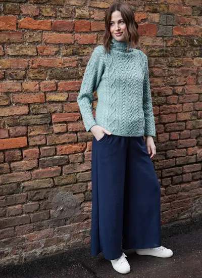 Made in Blarney Ava Aran Funnel Neck Sweater in Aqua